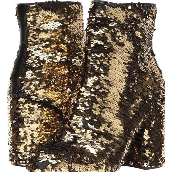 NEW STEVE MADDEN Georgia Ankle Boots 5.5 Reversible Sequin Gold Black Block Heel - Picture 1 of 9